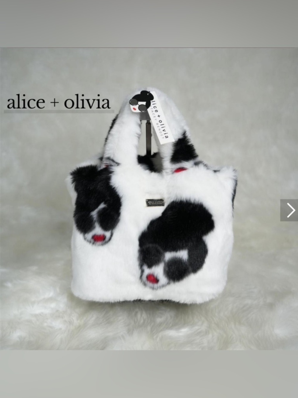 Alice + Olivia White and Black Faux Fur Tote with Red Accent